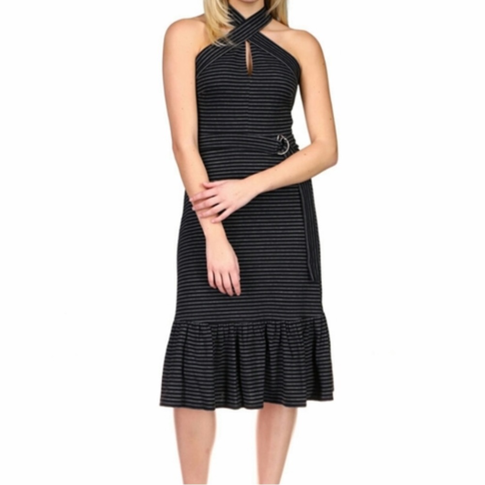 Michael Kors belted halter dress midi marine blue stripe flounce hem size S